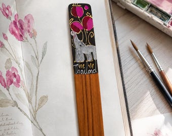 Hand Painted Thai Elephant Wooden Bookmark, Pink Floral Book Lover Gift, Thailand Travel Souvenir