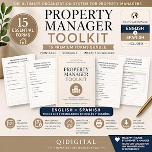 May include: A Property Manager Toolkit bundle featuring 15 essential printable and reusable forms in English and Spanish. The display includes a central document cover, four sample forms, and text headers detailing the organisation system.