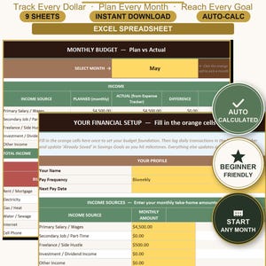 May include: A digital budget planner spreadsheet with a green and brown color scheme. The spreadsheet includes sections for income, expenses, and financial goals. Features include auto-calculation, instant download, and beginner-friendly design.