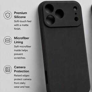 May include: A black silicone phone case for an iPhone 17 Pro Max with a matte finish. Text on the left lists features: Premium Silicone, Microfiber Lining, and Camera Protection with raised edges to protect the camera from daily wear and tear.