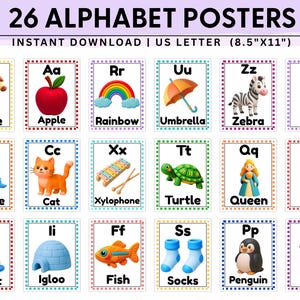 Peut inclure: Un ensemble de 26 affiches de l'alphabet au format lettre US. Chaque carte rectangulaire présente une lettre majuscule et minuscule, une illustration 3D colorée d'un objet ou d'un animal, et le mot correspondant en texte noir.