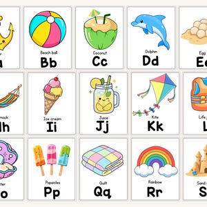 Puede incluir: Un conjunto de tarjetas educativas del alfabeto con ilustraciones coloridas de objetos como un ancla, pelota de playa, coco, delfín, huevo, hamaca, helado, jugo, cometa, chaleco salvavidas, ostra, paletas, edredón, arcoíris y castillo de arena.