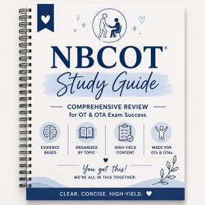 May include: A spiral-bound study guide with the title "NBCOT Study Guide" in navy blue. The cover includes the text "Comprehensive Review for OT & OTA Exam Success" and icons representing key features. The phrase "You got this!" is also featured.