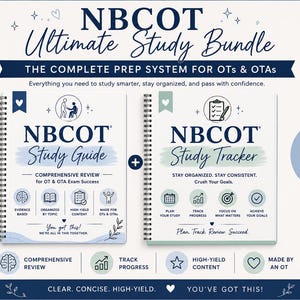 May include: The image shows the "NBCOT Ultimate Study Bundle" with two spiral-bound books: "Study Guide" and "Study Tracker." The guide offers comprehensive review, while the tracker helps stay organised. The bundle is designed for OT & OTA exam success.