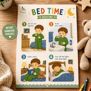 May include: A colorful bedtime routine chart with illustrations. The chart includes steps like putting on pajamas, brushing teeth, reading a story, and turning off the lights. The text "BED TIME ROUTINE" is displayed at the top.