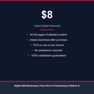 Peut inclure: Publicit&eacute; pour un produit num&eacute;rique sur fond bleu fonc&eacute; avec une banni&egrave;re rouge. Le texte comprend "8$", "T&eacute;l&eacute;chargement num&eacute;rique instantan&eacute;" et des puces d&eacute;crivant le contenu, le t&eacute;l&eacute;chargement et la garantie de satisfaction.