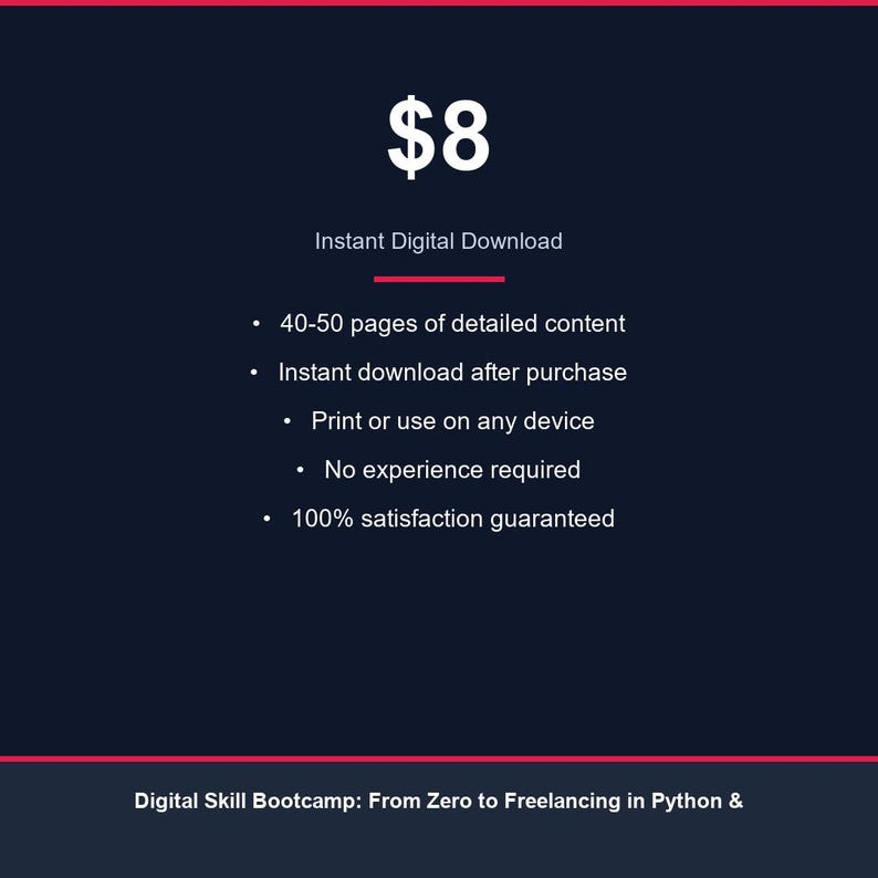 Peut inclure: Publicit&eacute; pour un produit num&eacute;rique sur fond bleu fonc&eacute; avec une banni&egrave;re rouge. Le texte comprend "8$", "T&eacute;l&eacute;chargement num&eacute;rique instantan&eacute;" et des puces d&eacute;crivant le contenu, le t&eacute;l&eacute;chargement et la garantie de satisfaction.