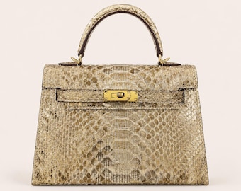 Torebka ze skóry pytona w 100% z oryginalnej skóry | Metaliczny złoty skórzany pyton z uchwytem u góry | Luksusowa torba na ramię typu crossbody