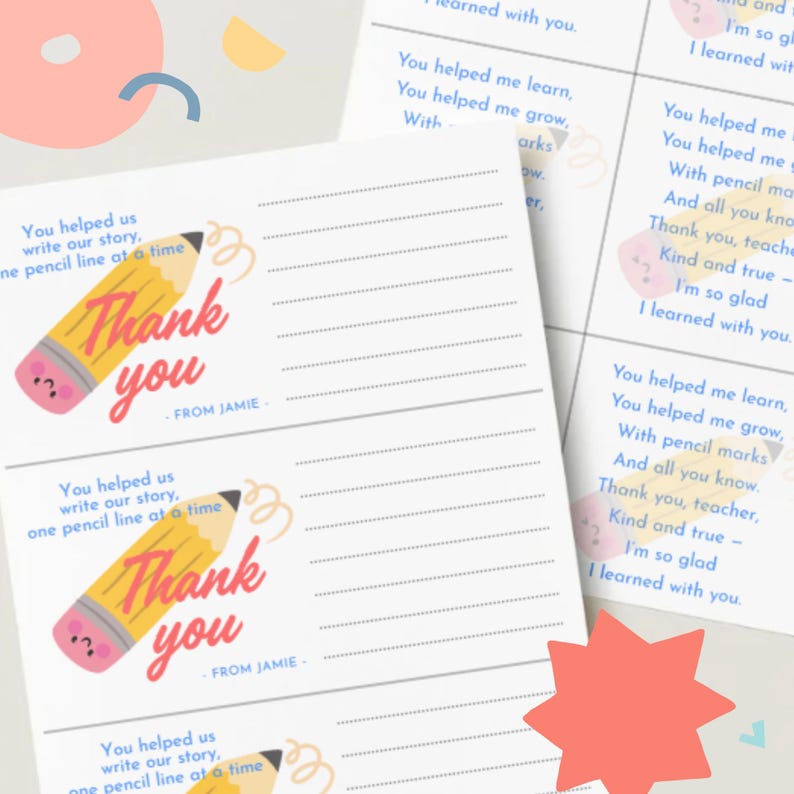 Printable Teacher Thank You Cards | Pencil Theme | Appreciation Gift ...