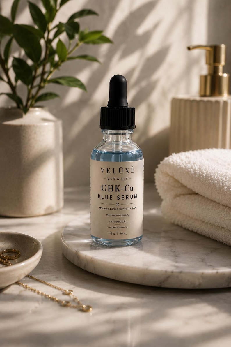 Puede incluir: Un frasco cuentagotas de vidrio transparente de suero azul Veluxe Glowkit GHK-Cu con tapa negra. La etiqueta dice Veluxe Glowkit GHK-Cu Blue Serum, Advanced Copper Peptide Formula, Copper Peptide GHK-Cu, Hyaluronic Acid, Collagen Booster, 30 ml.