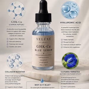Puede incluir: Un frasco cuentagotas de vidrio transparente de suero azul VEL&Uuml;X&Eacute; GHK-Cu con tapa negra y etiqueta beige. La etiqueta enumera ingredientes como p&eacute;ptido de cobre y &aacute;cido hialur&oacute;nico. El frasco contiene 30 ml de suero l&iacute;quido de color azul.