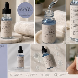 Puede incluir: Un frasco cuentagotas de vidrio transparente con el suero azul Veluxe GHK-Cu y tap&oacute;n negro. La etiqueta muestra el texto GHK-Cu Blue Serum, Advanced Copper Peptide Formula y 1 fl oz / 30 ml. El suero es un l&iacute;quido azul claro en varias vistas.