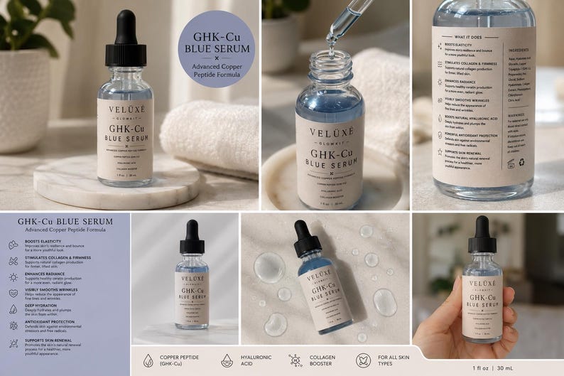 Puede incluir: Un frasco cuentagotas de vidrio transparente con el suero azul Veluxe GHK-Cu y tap&oacute;n negro. La etiqueta muestra el texto GHK-Cu Blue Serum, Advanced Copper Peptide Formula y 1 fl oz / 30 ml. El suero es un l&iacute;quido azul claro en varias vistas.