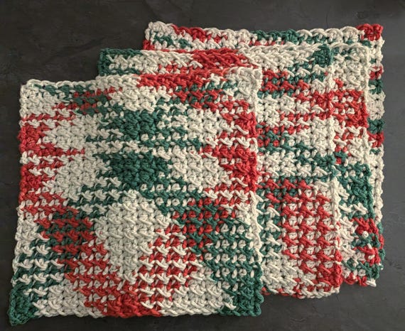 Handmade Crochet Dishcloth, 100% Cotton, 8x8 Inch, Red Green White Christmas Colors