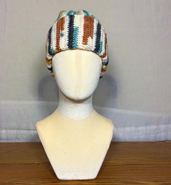Handmade Beanie, Ivory Light Blue Brick Red Soft Gold, Comfortable Regular Adult Fit