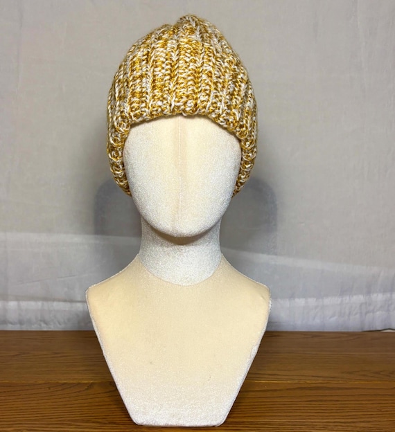Gold and Cream Beanie, Handmade Hat, Cozy Winter Staple