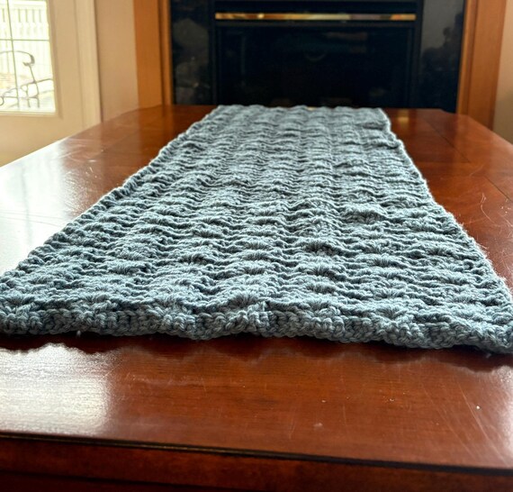Hand Crocheted Table Runner, Blue Shell Stitch, 13.5" x 38" (Coastal Style)