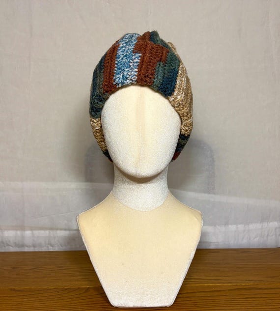 Handmade Beanie, Vertical Stripes in Tan Brown Green Blue, Folded Brim