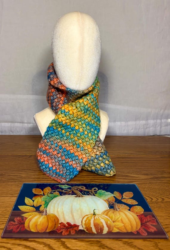 Handmade Bean Stitch Scarf: 52-Inch Gradient Wrap, Golden Amber to Peach Blush