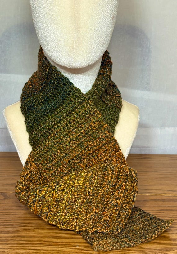 Handmade Scarf: Deep Green-to-Gold Ombré Fade, 44-Inch Long
