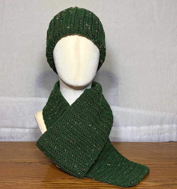 Handmade Deep Green Tweed Beanie Scarf Set, 58-Inch Long, 6.5-Inch Wide