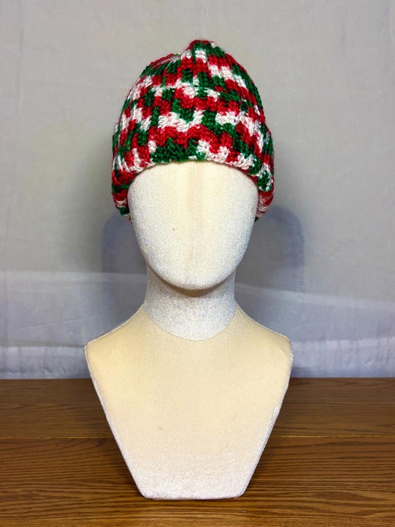 Handmade Christmas Beanie, Red Green White Crochet Hat