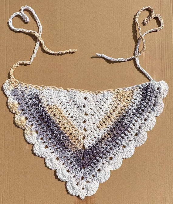 Handmade Crochet Bandana, 9x13 Inch, Gray Gold Ivory