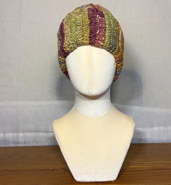 Handmade Rainbow Beanie: Cozy Vertical Striped Knit Hat for Adults