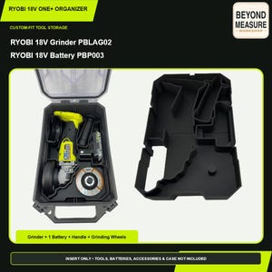 May include: A black foam insert for a Ryobi 18V organizer case, designed to hold a Ryobi 18V Grinder PBLAG02, a Ryobi 18V Battery PBP003, a handle, and grinding wheels. The insert features custom-cut compartments for each specific tool component.