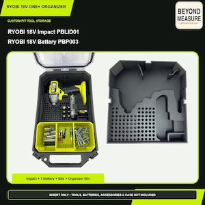 May include: A dark gray custom-fit foam tool organizer insert for a Ryobi 18V Impact PBLID01 and 18V Battery PBP003. The insert features molded cutouts for the tool, battery, and a grid for bits, plus a yellow bin for small hardware and accessories.
