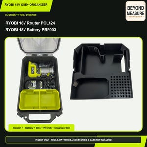 May include: A black custom-fit tool storage insert for a Ryobi 18V One+ organizer. The insert features molded compartments for a Ryobi 18V Router PCL424, a Ryobi 18V Battery PBP003, bits, and a wrench, alongside a lime green bin for small accessories.