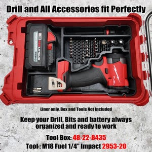 May include: A red tool box with compartments for a drill, battery, and bits. The text "Drill and All Accessories fit Perfectly" is at the top. The text "Keep your Drill, Bits and battery always organized and ready to work" is at the bottom.