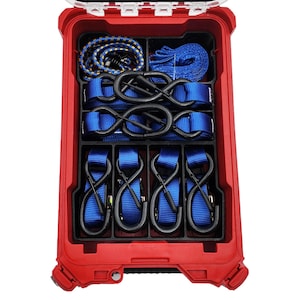 May include: A red toolbox with a clear lid, containing blue and black tie-down straps and a bungee cord. The straps are arranged in separate compartments, with black S-hooks for securing items. The bungee cord is yellow and black.