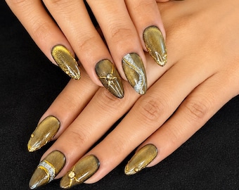 Gold Cat Eye Press On Nails | Gold Chrome Nail Art | Metallic Luxury Nails | Rhinestone Almond Nails | Handmade Press Ons (10pcs)
