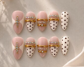 3D Gold Jewelry Press On Nails | Crystal Ring Nails | Nude Polka Dot Nail Set | Handmade Press Ons (10pcs)