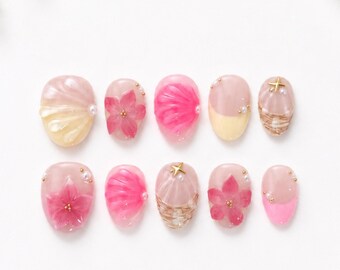 Handmade Pink Seashell Floral Press On Nails | Beach Ombre Luxury Nails ( 10 pcs )
