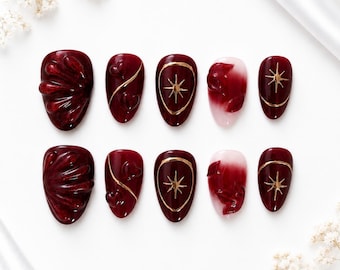 Ruby Red Cat Eye Press On Nails | Burgundy 3D Gold Accents Almond Set ( 10pcs )