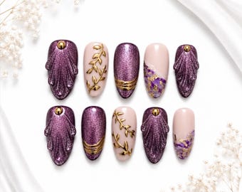Purple Cat Eye Almond Nails | Gold Chrome Shell Accents, Luxury Press On Set ( 10pcs )