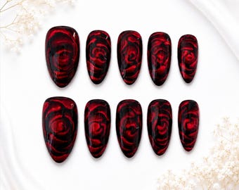 Crimson Rose Swirl Almond Press On Nails | Gothic Romantic Black Red Floral Set ( 10pcs )