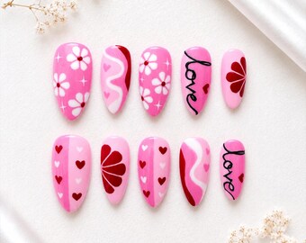 Pink Heart Floral Almond Press On Nails | Coquette Valentine Nail Set ( 10pcs )