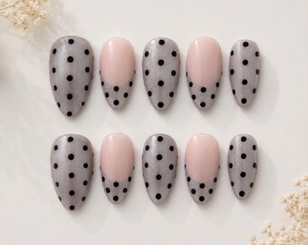 Silver Cat Eye Press On Nails | Black Polka Dot Nails | Nude French Tip Nails | Magnetic Cat Eye Nails | Handmade Press Ons ( 10pcs )