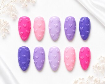 3D Heart Press On Nails | Pink Purple Almond Set | Handmade Gel Nails ( 10pcs )