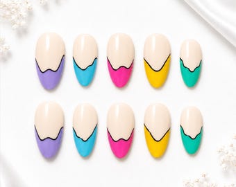 Color Block French Tip Almond Nails | Modern Abstract Press On Set ( 10pcs )