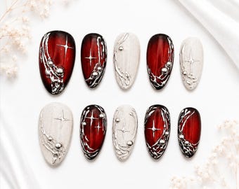Red Cat Eye Almond Press On Nails | Silver Chrome Metallic Accents Set ( 10pcs )