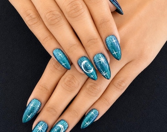 Celestial Press On Nails | Moon and Star Nails | Dark Blue/Green Press On Nails | Silver Chrome Nails | Rhinestones | Handmade (10pcs)