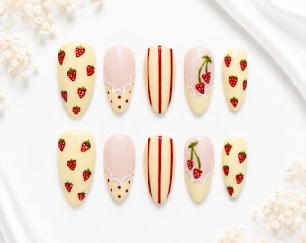 Handmade Strawberry Almond Press On Nails | French Tip Fruit Nail Set ( 10pcs )