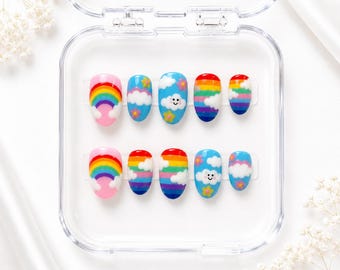 Handmade Rainbow Cloud Almond Press On Nails | Kawaii Smiley Face Flower Designs ( 10 pcs )