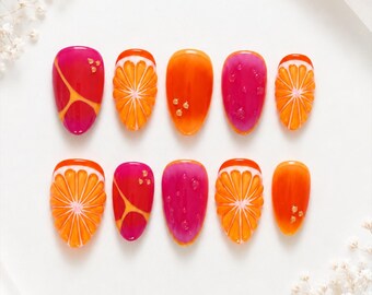 3D Orange Slice Press On Nails | Pink Orange Summer Fruit Art (10pcs)