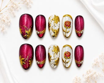 Handmade Luxury Almond Press On Nails | Rose Floral Design, Cat Eye Accents ( 10pcs )