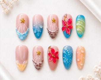 Handmade Tropical Hibiscus Press On Nails | Ocean Summer Almond Vacation Set ( 10pcs )